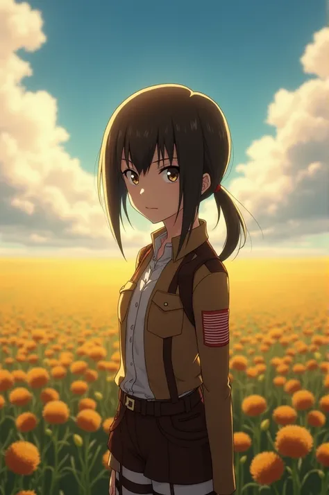 screenshot of Attack on Titan, brown hair girl, Brown skin, glasses, side bangs, Brown eyes, He has a serious expression, He is wearing the Survey Corps uniform and in the background there is a field