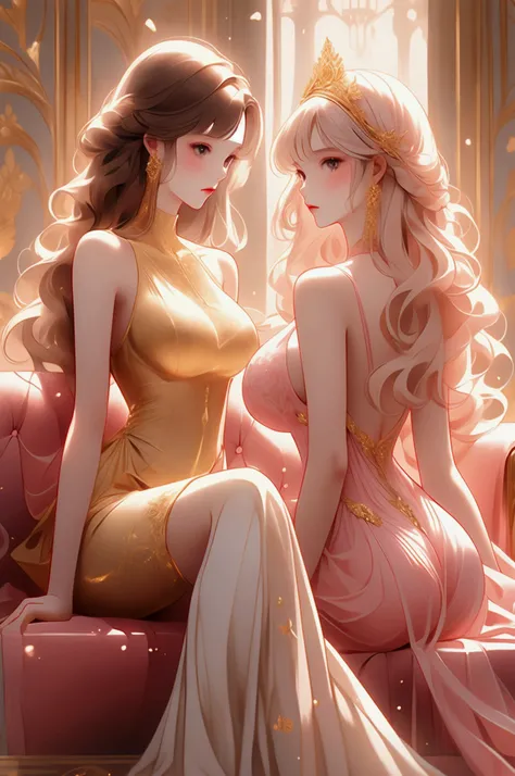 Young princesses  seated on a golden couch  in a palace  . with decorations .In tight, pink, sheer dresses  .Slender bodies, thin waists, large breasts, large buttocks, long straight hair with bangs 