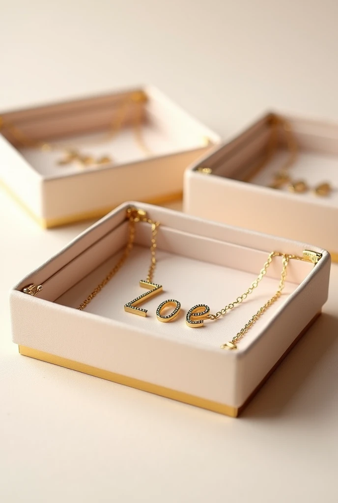 Create jewelry boxes 10cm wide and 5cm high in a plain pastel golden color with a closed and open gold border with a chain inside with the name ZOE in a serif italic font.