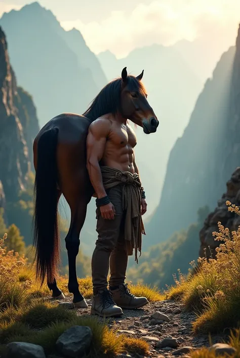 Create a realistic image of a man in the solitude of the mountains carrying a majestic horse, with a waterfall faintly visible in the far distance. 