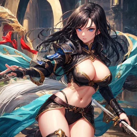 A beautiful assassin girl with black hair, blue eyes, and very large breasts, wielding daggers.