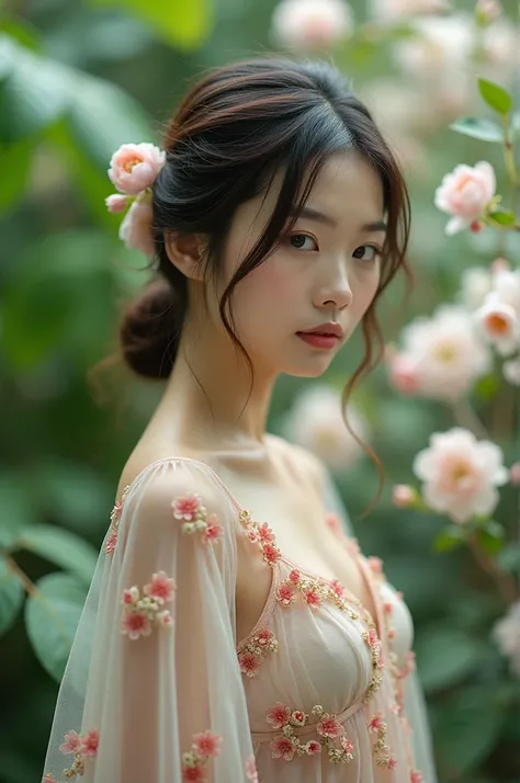 In a lush indoor garden、A Japanese woman is wearing a floral sheer top、A close-up of her breasts and soft flowers in the background、Creating harmony between nature and beauty。