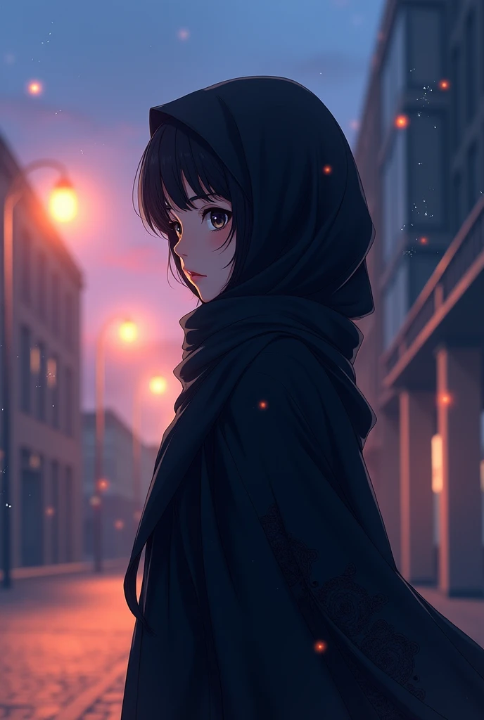 hijabis girl in black wearing niqab and facing a way from camereak in anime
