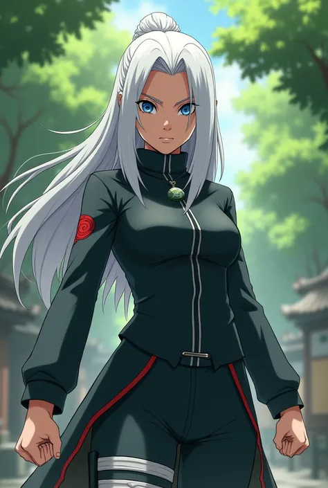 A female character in the Naruto universe with white hair and black eyes with a serious expression 