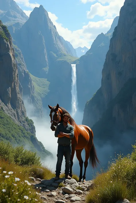 Create a realistic image of a man in the solitude of the mountains carrying a majestic horse, with a waterfall faintly visible in the far distance. 