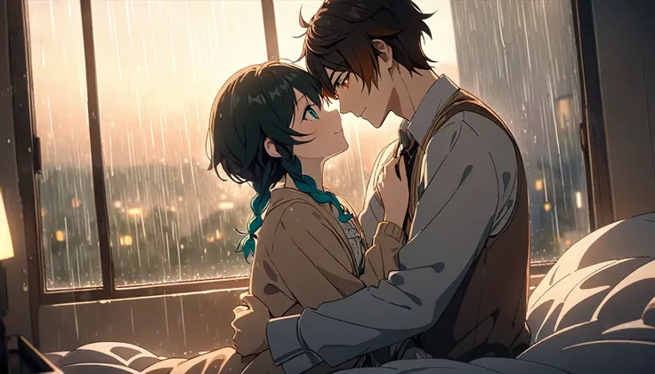 A couple embracing in bed, rain visible through a window, detailed anime style characters, happy scene, rainy window, 8k, masterpiece, dramatic lighting, romantic, intimate, emotional, soft lighting, warm tones, cozy, gentle, tender,2boys,venti,zhongli,eye...