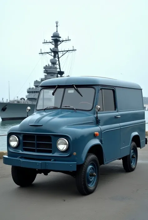 Small closed van-type utility vehicle from the 1950s, van body, advanced cabin, Navy military paint in navy blue, simple lines at the front without front grille, rear engine,  steel wheels without hubcaps in body color, No doors, simplest version without c...