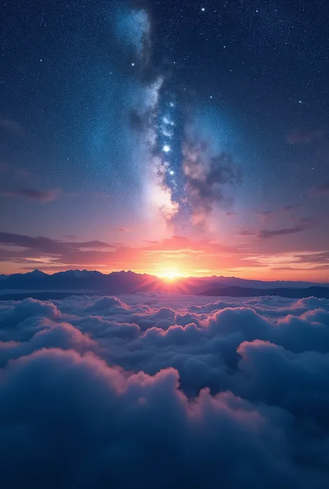 an artistic beatiful iamge of a sky, big glowy stars, gigant glowing stars, blue stars, flares, night with stars in the top, sunset with clouds in the bottom, montains in the distant view, concept art, sharp focus, digital art, cinematic lighting, fisheye,...