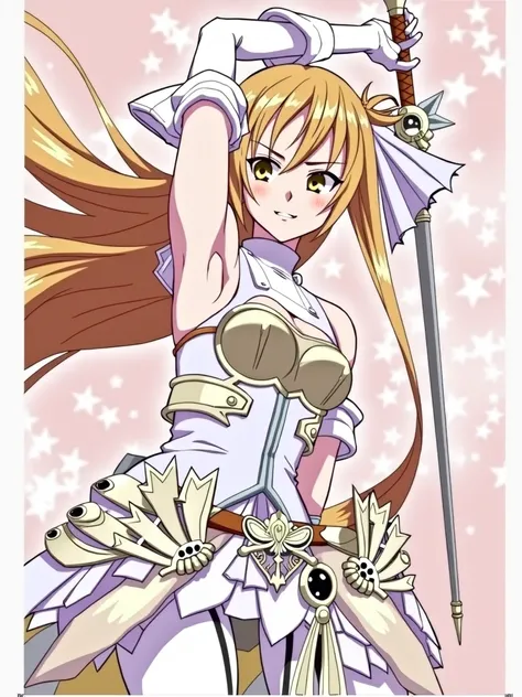 score_9,score_8_superior,score_7,sauce_anime,
One person,
Simple Background,
Asuna (star),White knee socks,Brown Hair,Brown eyes,armor,dress,gloves,
Put your hands on your hips,
Are standing,