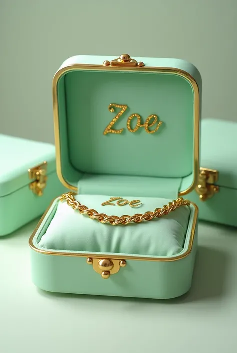 Create large jewelry boxes in pastel pistachio green, plain, closed and open, with a golden frame and a chain inside with the name ZOE in a serif italic font in golden color.