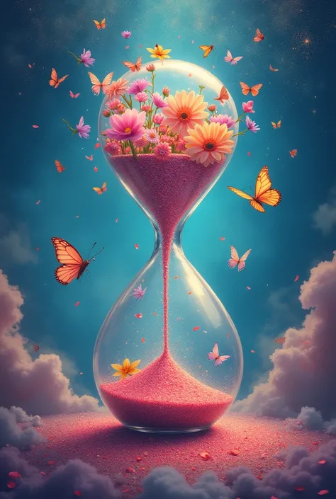 Surrealist painting about the joy of living, with a background of celestial tones,  that includes an hourglass in the center with flowers blooming , and in the 4 corners there are elements (music, butterflies , stars and birds on every corner 
