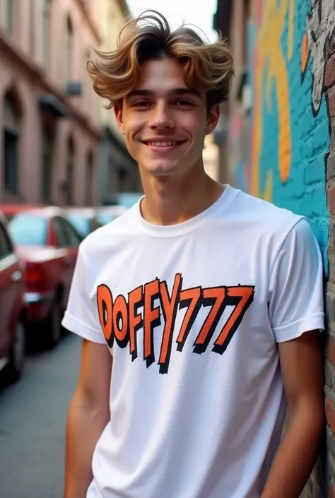 Man with wavy hair wearing a shirt that says Doffy777