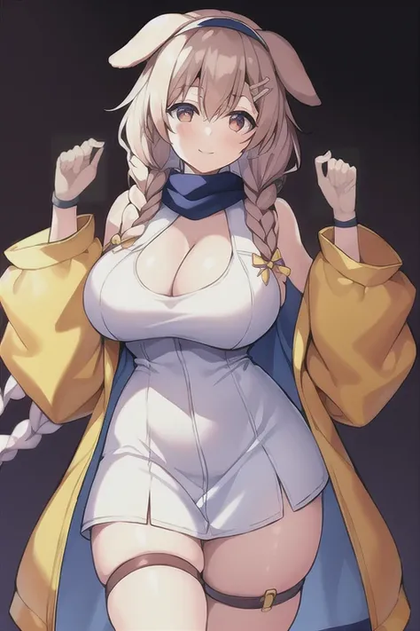 1girl, Korone, smile, dog ears, twin braids, sidelocks, hair ornament, ((white dress)), jacket, yellow jacket, jacket, open clothes, open jacket, dress, short dress, sleeveless dress, huge breasts, wide hips, thick thighs, tall, tall female, mature female,...