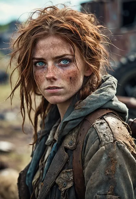 (Realistic:1.2), ultra detailed, modern analog style, photorealistic cute woman, chestnut hair, tattered outwear, post-apocalyptic, detailed face, beautiful eyes, (shy smile:0.7), freckles, holding a big staff, exhausted after another battle, dramatic, vib...