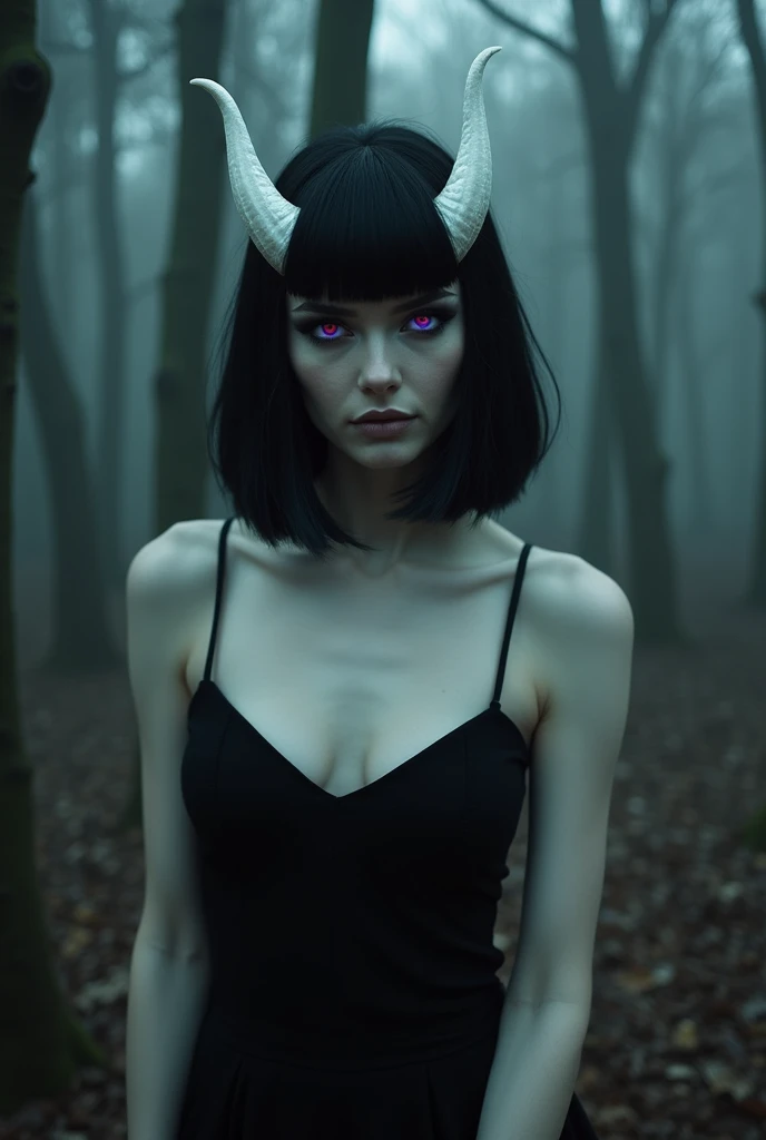 Beautiful demon woman, perfect face, skin as white as snow, black hair in inverted bob, black eyeliner, glowing purple eyes, small white horns. In a haunted forest, wearing a little black dress.