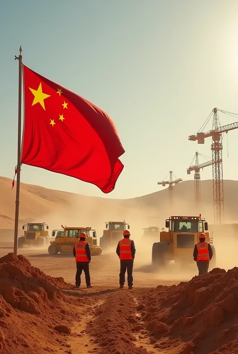 Create an image with construction workers and construction machinery in a desert with the Chinese flag