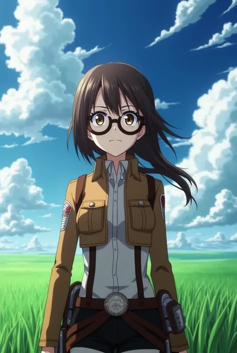 screenshot of Attack on Titan , brown hair girl, Brown skin, She has large black-framed glasses that highlight her eyes, side bangs,loose hair, Brown eyes, has a serious expression, He is wearing the Survey Corps uniform and in the background there is a fi...