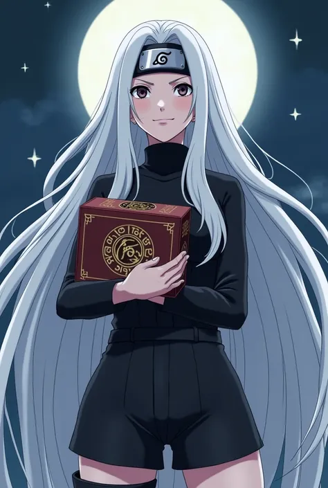 female character in the Naruto universe with long white hair, super seductive and beautiful, powerful with an 18-year-old face, clanless and holding a Pandoras box wearing short black clothes and with an evil face and black eyes 