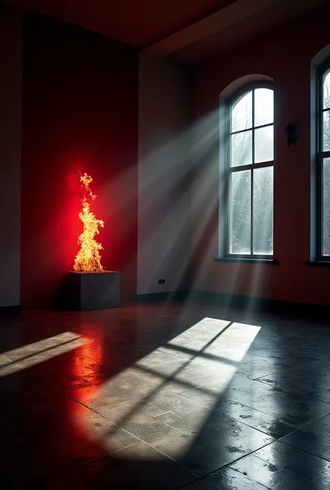 Indoor background image 
Red light,white ligh,flaming wall, light hitting the floor from windows,moon night
