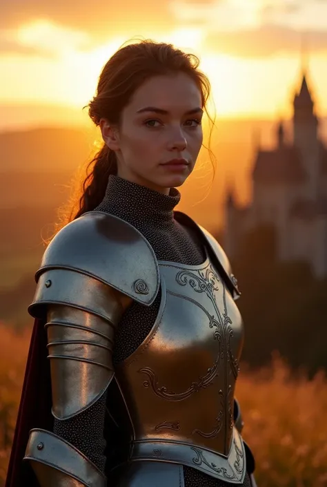 (masterpiece), (extremely complex:1.3), (realistic), portrait of a girl, the most beautiful in the world, (medieval armor), metallic reflections, upper body, on open air, intense sunlight, distant castle, professional photo of a stunning woman in detail, S...