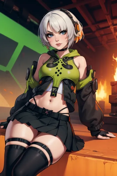 Anby style, 8k, hdr, ureal engine, ultra quality, sitting,  anbydemara, anby demara, (orange eyes:1.5), short hair, white hair,
BREAK bare shoulders, black gloves, black skirt, black thighhighs, fingerless gloves, gloves, green jacket, headphones, jacket, ...