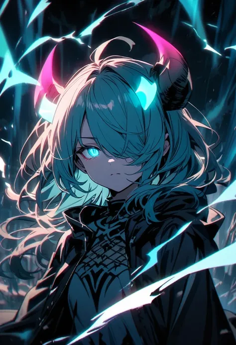 Cyan hair, cyan eyes, hair over one eye, dark setting, light show, glowing eyes, (small demon horns, glowing horns, ethereal horns, energy horns)