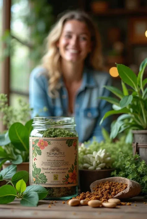 A cover image for Facebook (820 x 312 pixels) showing a variety of medicinal plants arranged in an orderly manner on a natural surface, Like a wooden table or a stone. In the center of the image, highlights a jar of natural medicine, like a glass container...