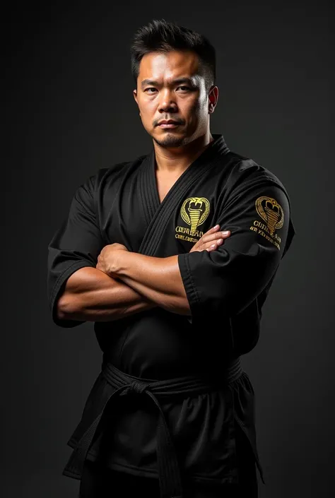 a cobra kai member, detailed portrait of a muscular man in a karate uniform, intense expression, clenched fist, detailed facial features, (best quality,4k,8k,highres,masterpiece:1.2),ultra-detailed,(realistic,photorealistic,photo-realistic:1.37),studio lig...