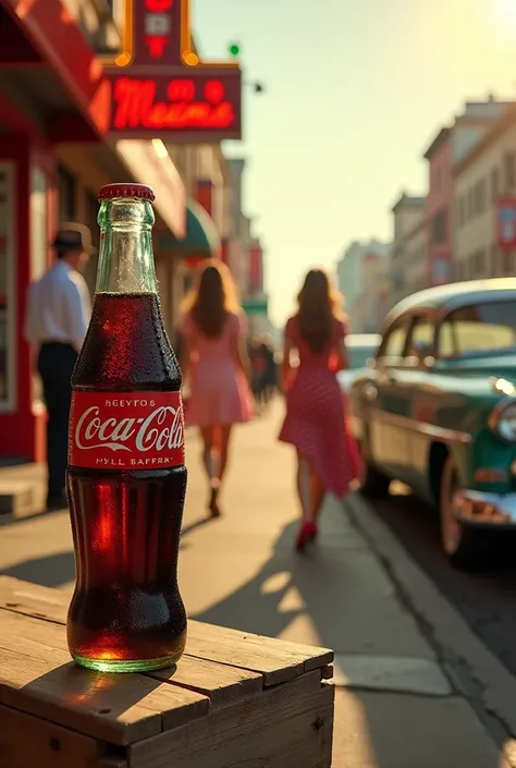 Coca-Cola in a glass bottle on the street in the 1950s