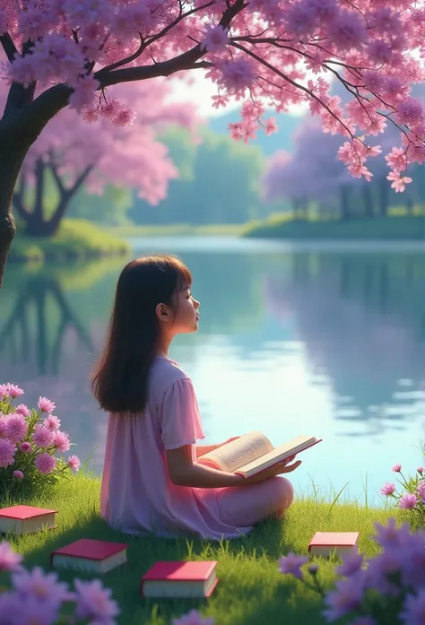 A girl meditating by the edge of a lake reading a book. Other books are out there. There are pink trees and purple flowers around the coast.