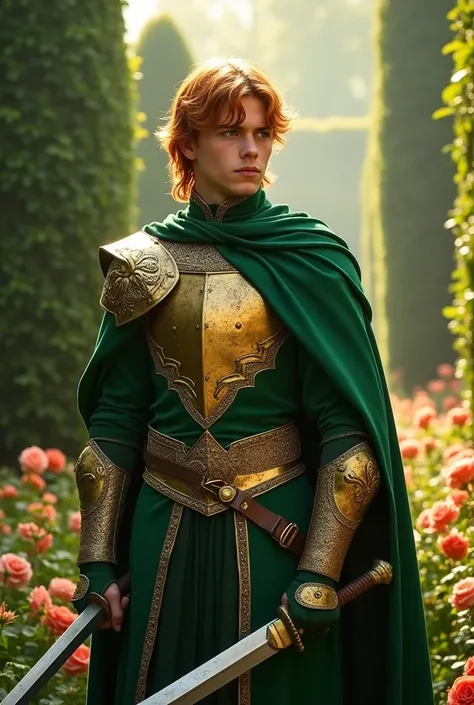 A marvelous man, stark, russet hair/ brown, fights with two swords, rico, Heir to Highgarden, wears green and gold armor, stark tem 20 anos, GOT character style