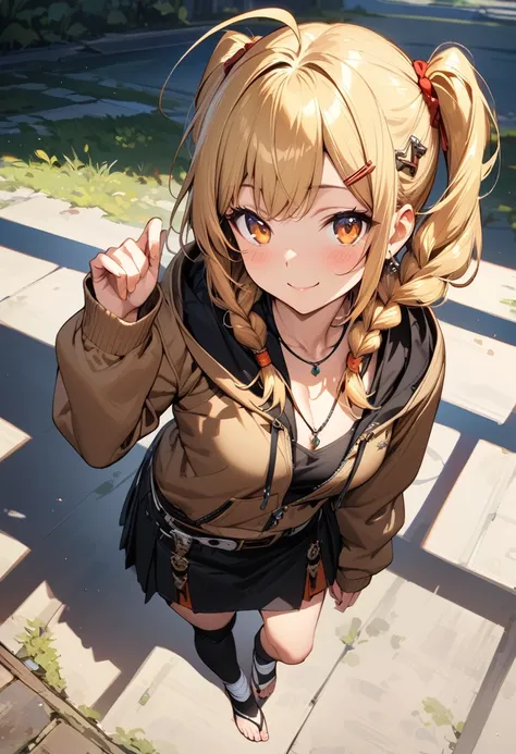 (masterpiece),(best quality),(ultra-detailed),(best illustration),(best shadow),(absurdres),(detailed background),(very aesthetic), 1girl, solo, twin-braids, braid, ankle-wrap, long-hair, blonde-hair, smile, simple-background, hair-ornament, ahoge, hood, h...