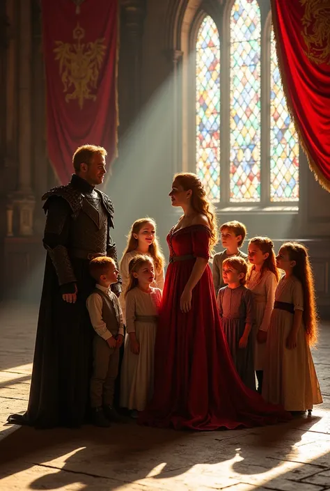 Create an image of A Blonde King of House Baratheon from Game of Thrones without a beard and with shorter hair and a Redheaded Queen of House Stark. Make them surrounded by 10 blonde and redheaded children.
