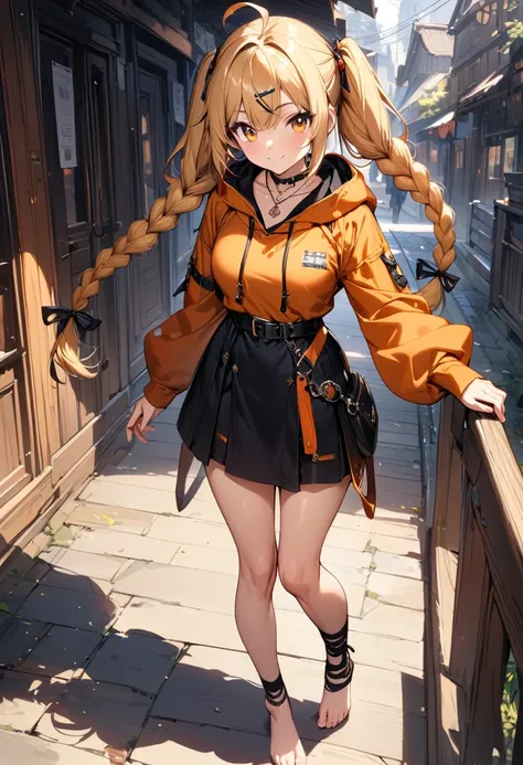 (masterpiece),(best quality),(ultra-detailed),(best illustration),(best shadow),(absurdres),(detailed background),(very aesthetic), 1girl, solo, twin-braids, braid, ankle-wrap, long-hair, blonde-hair, smile, simple-background, hair-ornament, ahoge, hood, h...