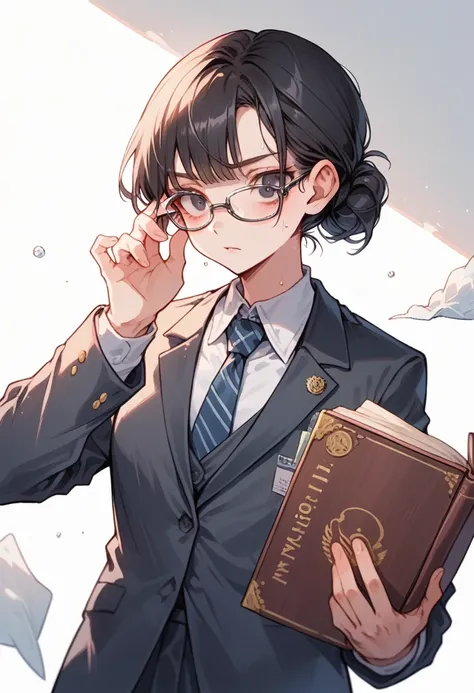 masterpiece, (best quality:1.2), (sharp focus:1.2), 1 girl, solo focused, classroom background, day time, pantyhose, squared frame glasses, cold expression, hair bun, black hair, black eyes, sharp eyes, school uniform, suit, tie, pin, carrying books, adjus...