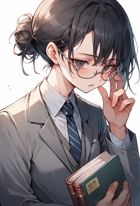 masterpiece, (best quality:1.2), (sharp focus:1.2), 1 girl, solo focused, classroom background, day time, pantyhose, squared frame glasses, cold expression, hair bun, black hair, black eyes, sharp eyes, school uniform, suit, tie, pin, carrying books, adjus...