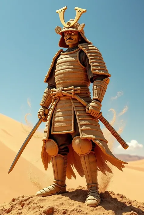 Create a full-body samurai made of sand 
