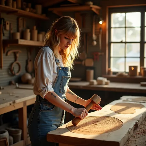 Taylor Swift, the singer, is working on a piece of wood with a chisel in a woodworking workshop bathed in warm sunlight from outside. One of her hands holds a wooden mallet. 