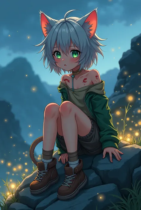 A cat girl, injured and asking for help, on top of rocks that cover her body in anime style. 