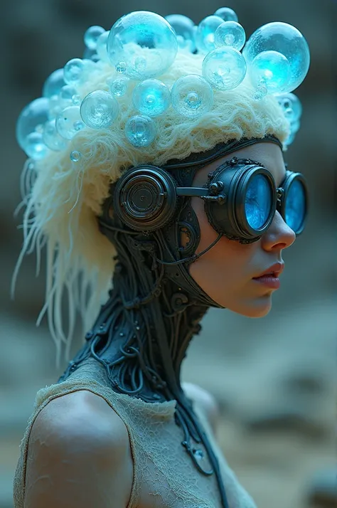 Ethereal Cyborg Woman, bioluminescent jellyfish tiara. Steampunk goggles merge with translucent tentacles. Cracked porcelain skin meets iridescent scales. Mechanical implants and delicate tendrils intertwine. Human characteristics with an otherworldly glow...