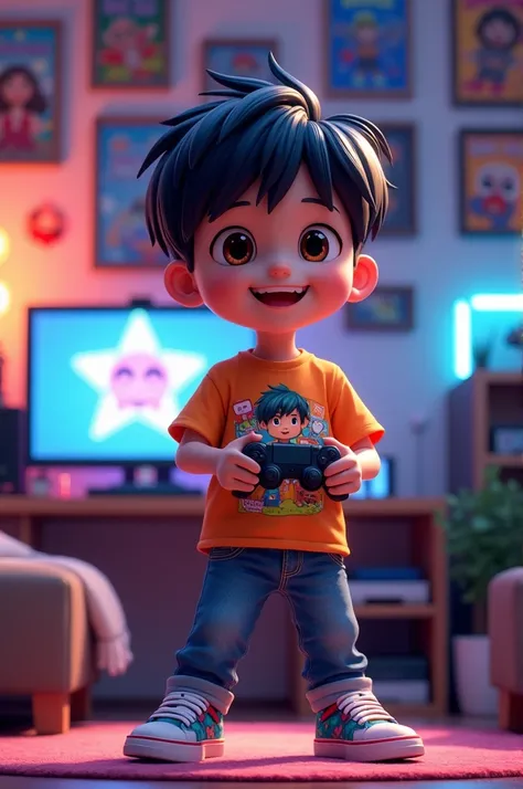 Create an image of an animated boy with straight black hair and brown eyes who loves video games.