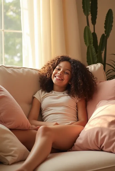 A brunette girl with curly hair and big breasts sits with her legs stretched out, taking a realistic photo