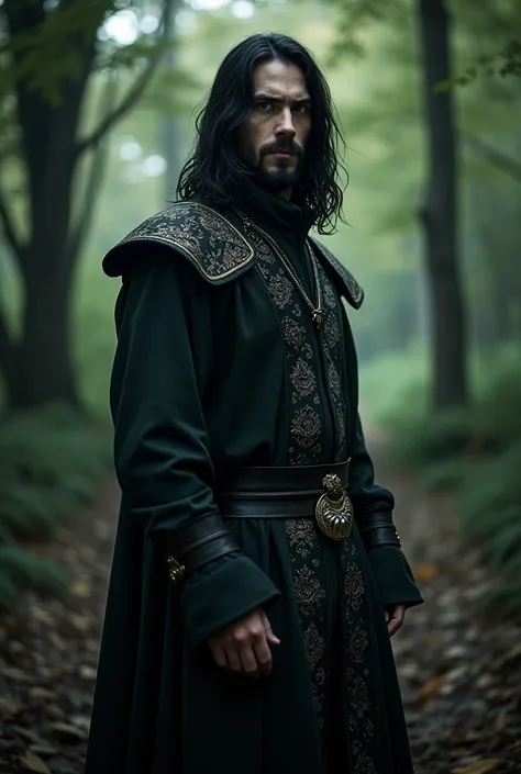 A young man with a beard, black hair to his shoulders, wearing a medieval black outfit, with dark, cold eyes. 