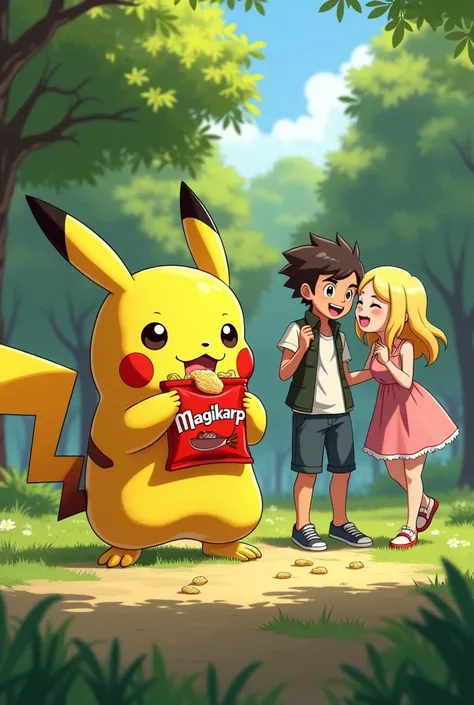 
A Pokémon eating a pack of Magikarp chips, with its trainer next to it touching the breasts of a blonde woman