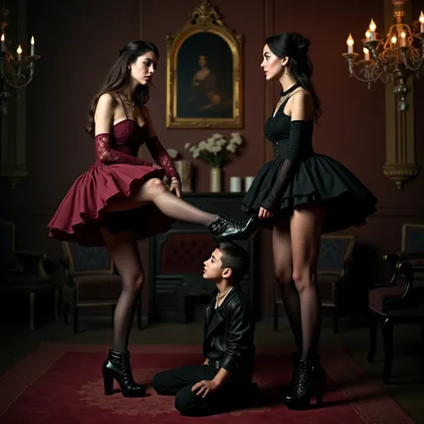 Two beautiful girls,, dressed in gothic attire, short skirts with tights and heels,, are resting their feet on the head of a boy who is kneeling on the ground. 