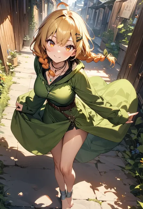 (masterpiece),(best quality),(ultra-detailed),(best illustration),(best shadow),(absurdres),(detailed background),(very aesthetic), 1girl, solo, twin-braids, braid, ankle-wrap, long-hair, blonde-hair, smile, simple-background, hair-ornament, ahoge, hood, h...