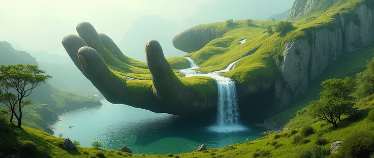 A surreal, dreamlike landscape where a giant anatomical correct hand rises from the ground. The hand is detailed with lush grass and miniature trees on the surface. A crystal-clear river flows through the palm, cascading down in a waterfall at the edge of ...