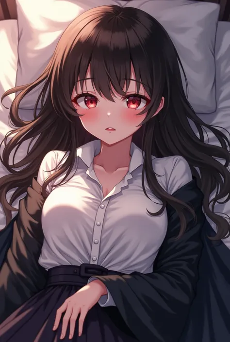 Elaina,anime girl, lie on a bed,white shirt,black skirt,black cloak, pake face, sweating, heavy breath, blushing, pregnant, spread legs, (best quality:1.2), ultra-detailed,realistic ,portraits, vivid colors, soft lighting, interesting PoV,