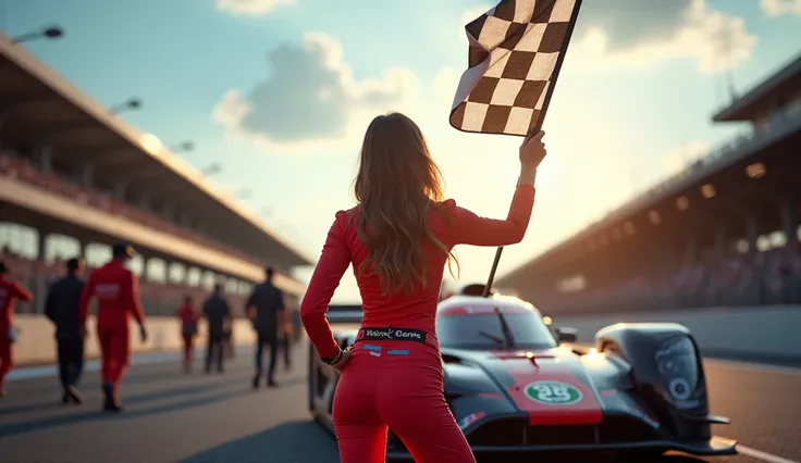 Grid-Girl, racing car, photo finish, best quality, (masterpiece:1.2), high quality, absurdres, highres, hyper detailed, RAW, detailed background, depth of field,