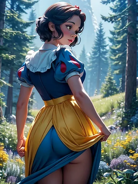 disney snow white, bending over lifting her skirt up, showing her naked bum, vagina, labia, view from behind, detailed facial fe...